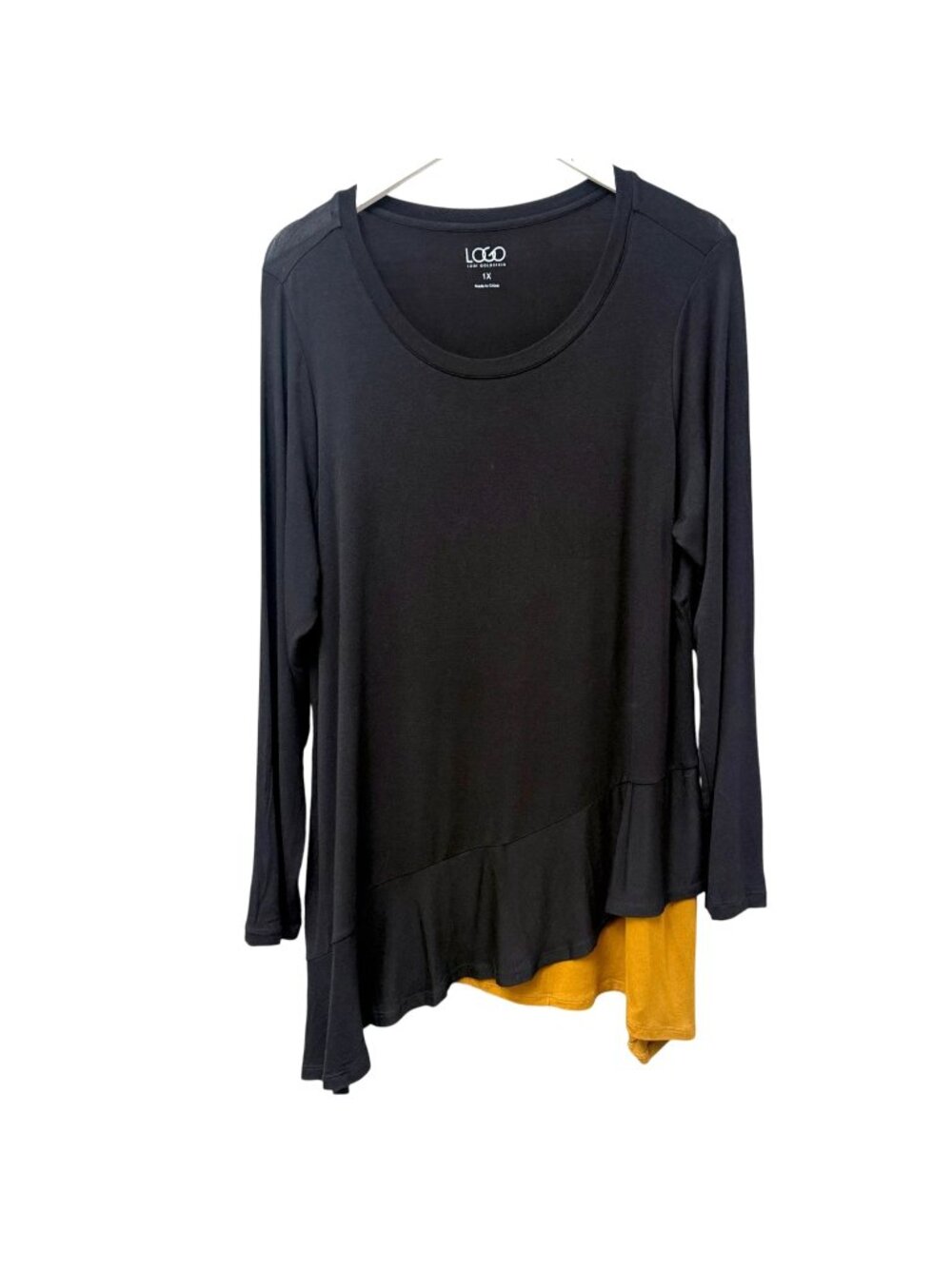 LOGO Lori Goldstein Tunic Top Plus Size 1X Stretch Black Yellow Ruffle Hem Tee